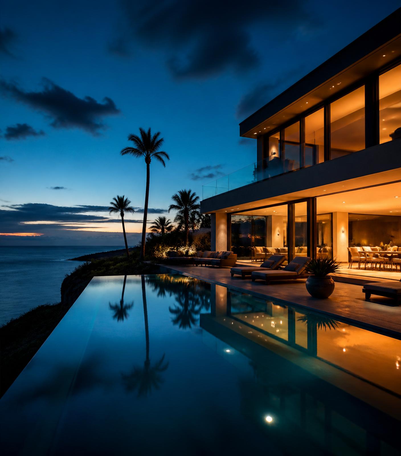 Coastal vacation rental at dusk with infinity pool