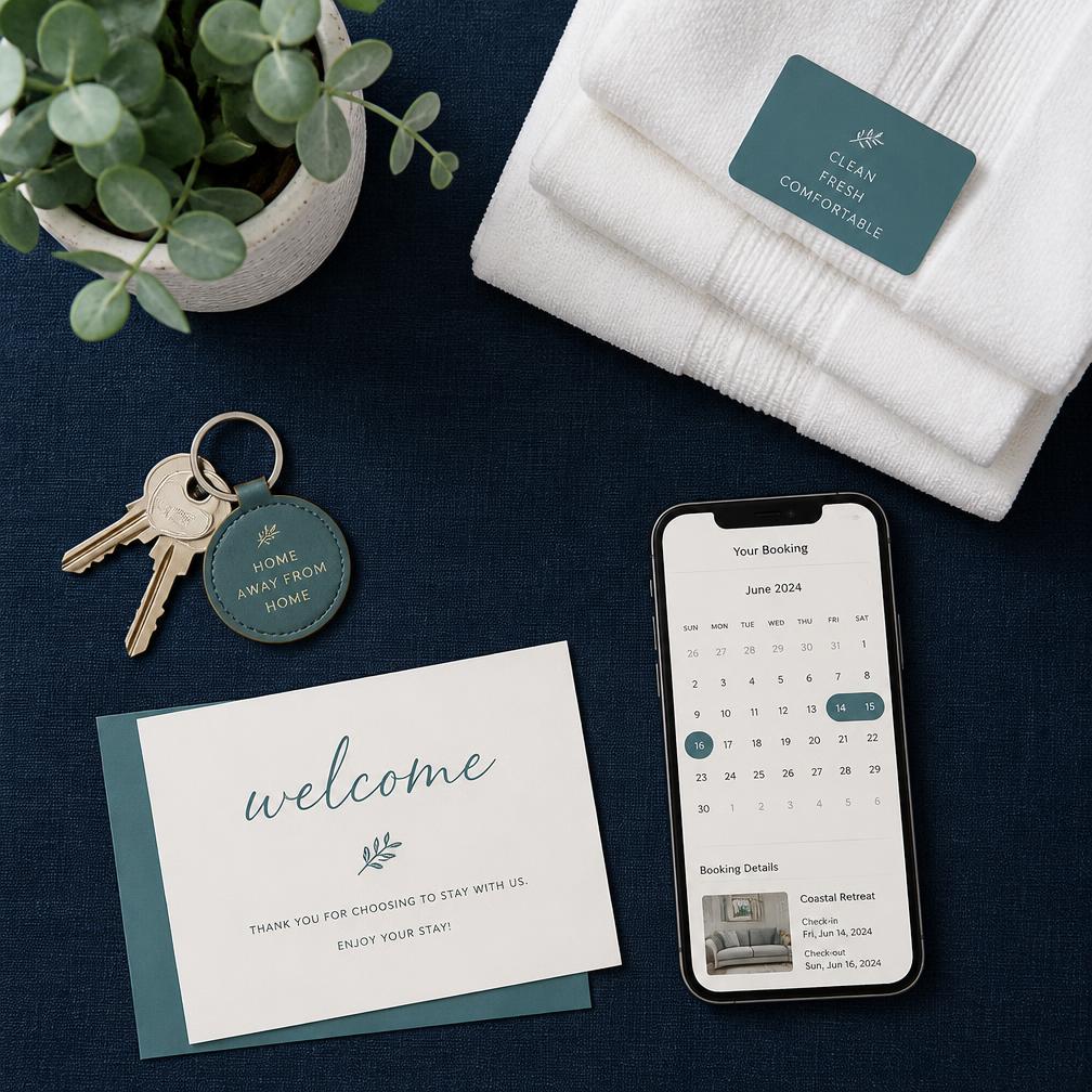 Keys, welcome card, and booking calendar on navy linen