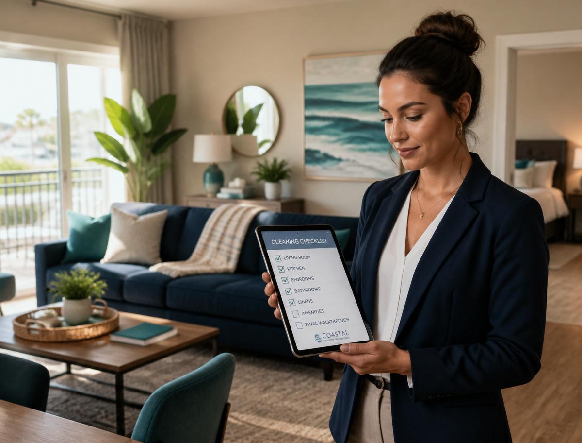 Property manager reviewing cleaning checklist in a vacation rental